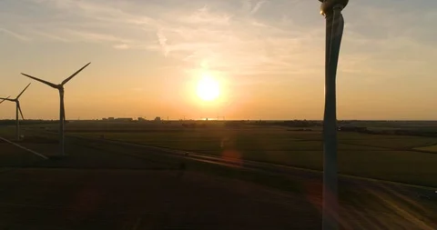 Wind Turbines, Beautiful Sunset - Friesland, The Netherlands – 4K Drone Stock Footage 123710171