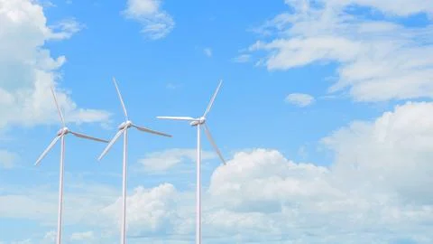 Wind Turbines Blue Sky Renewable Energy Concept 3d render. Stock Illustration
