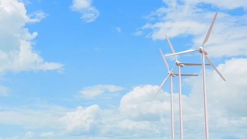 Wind Turbines Blue Sky Renewable Energy Concept 3d render. Stock Illustration