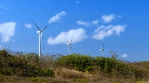 Wind turbines close up with clouds in the background Stock-Footage 124858086