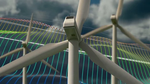 Wind turbines with clouds and wave animation background Stock Footage 86857684