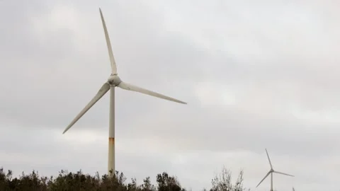 Wind turbines on cloudy coastline generating clean electricity for grid Stock Footage 313949897