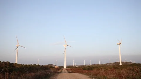 Wind turbines create renewable energy at the rural countryside landscape Stock Footage 87650594