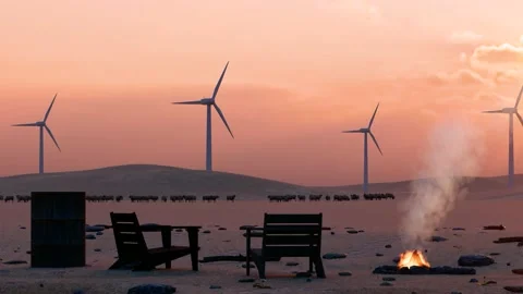 Wind turbines in the desert at sunset Stock Footage 223610786