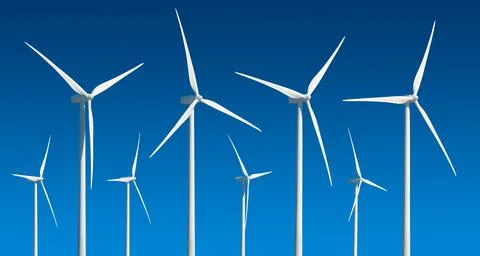 Wind turbines at different angles, isolated collection on blue background Stock Photos