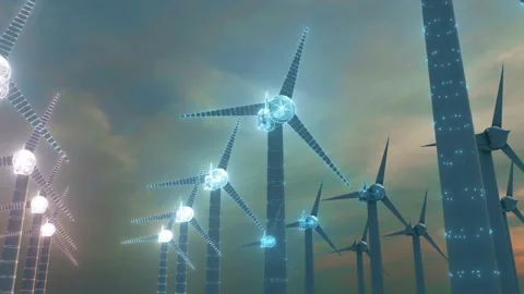 Wind Turbines with digital particles 4k Stock Footage 146749728