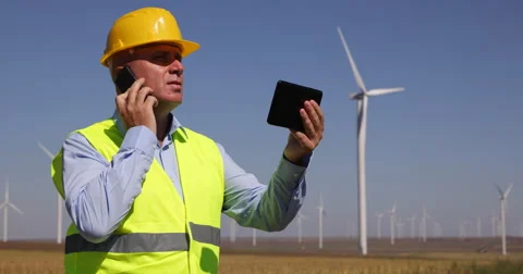 Wind Turbines Engineer Use Mobile Phone Touch Tablet Contact Maintenance Team Stock Footage 55005801