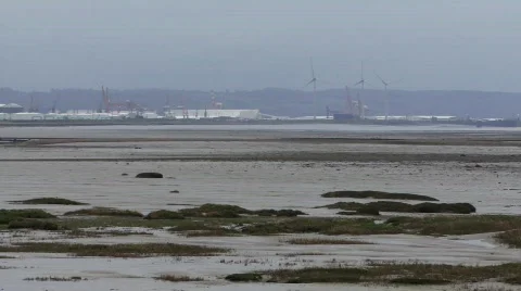 Wind Turbines on estuary Stock Footage 118137