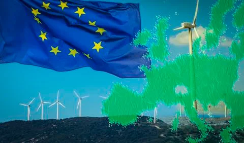 Wind turbines with EU flag and EU green map. Energy programme of EU Stock Photos