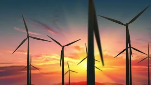 Wind turbines farm at beautiful orange sunset. Ecologic energy generators on Stock Footage 130927326