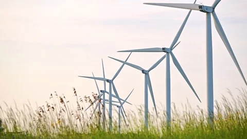 Wind turbines farm close-up Wind energy Windmills Stock Footage 241696367