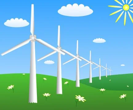 Wind turbines on a field with camomiles. Vector EPS10 Stock Illustration