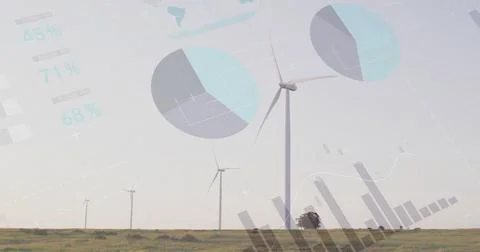 Wind turbines in field with data charts and graphs image Stock Illustration