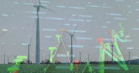 Wind turbines in field with data processing image over landscape Stock Illustration