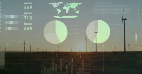 Wind turbines in field with data visualization showing testing percentages and Stock Footage 303738821