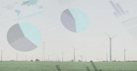 Wind turbines in field with data visualization image overlaid Stock Photos