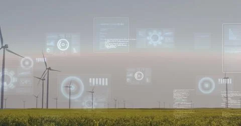 Wind turbines in field with digital data processing image over landscape Stock Illustration
