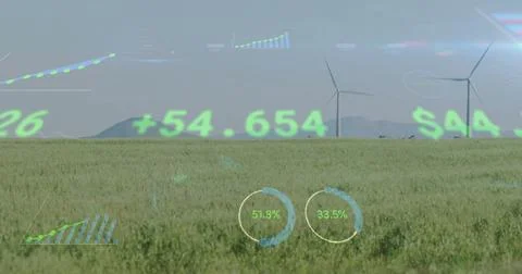 Wind turbines in field with financial data processing image over landscape Illustrazione stock