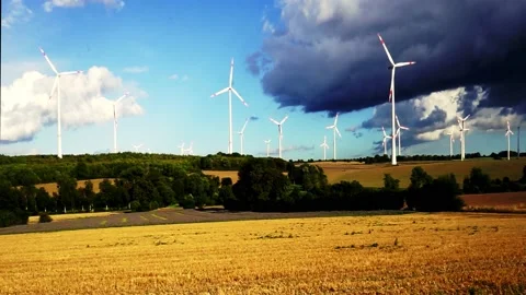 Wind turbines on a field Stock Footage 232542680