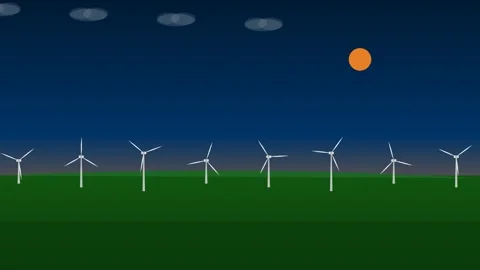 Wind Turbines Field at Night Under Moonlight Animation Stock Footage 340365120