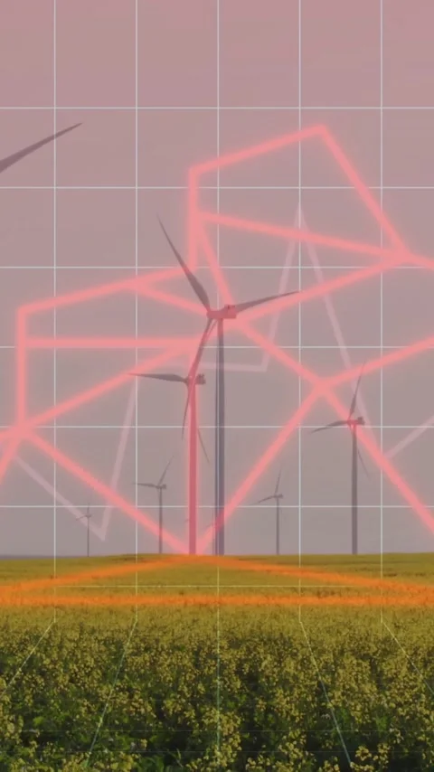 Wind turbines in field with red geometric shapes and grid animation over Stock Footage 344723712