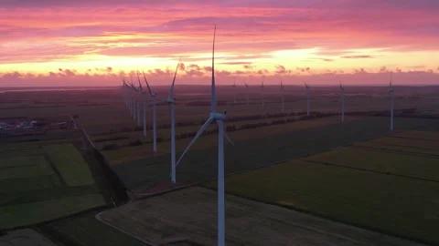 Wind turbines on a field at sunset with vibrant pink and purple sky. Stock Footage 343539431
