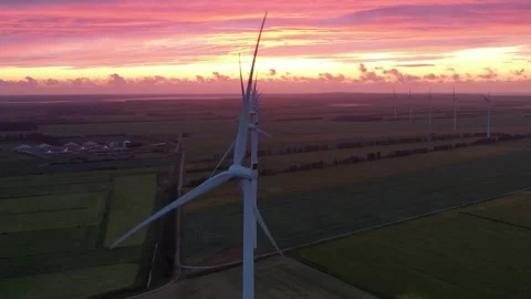 Wind turbines on a field at sunset with vibrant pink and purple sky. Stock Footage 343539614