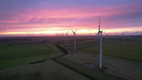 Wind turbines on a field at sunset with vibrant pink and purple sky Stock Footage 343539705