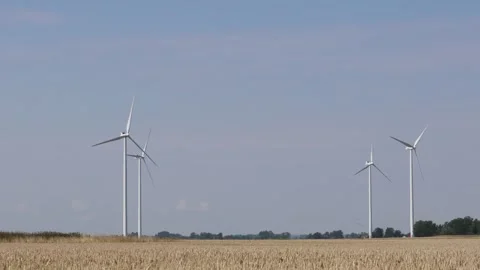 Wind turbines at field of wheat during the summer in Sweden, 2025. Video stock 315247187
