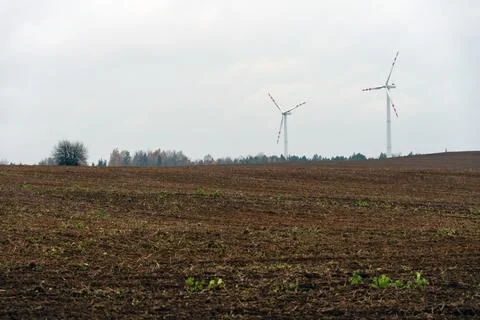 Wind turbines in a field with wheat. Generation of renewable electricity. R.. Stock Photos
