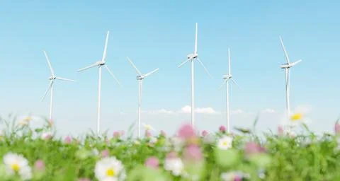 Wind turbines with foreground of spring meadow Illustrazione stock