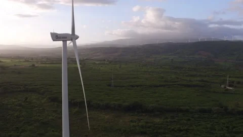 Wind turbines in function at Barahona in Dominican Republic. Aerial Stock Footage 144418912