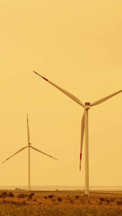 Wind turbines generate renewable energy in rural landscape. Vertical windmills Stock Footage 343886267