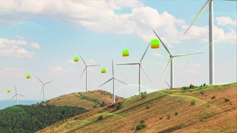 Wind turbines generating clean power with rechargeable battery charging Stock Footage 322217556