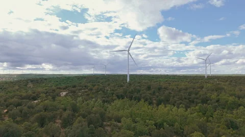 Wind turbines generating clean renewable energy in a green forest landscape Stock Footage 336202232