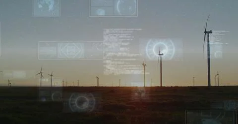 Wind turbines generating energy with data processing image over landscape Illustrazione stock