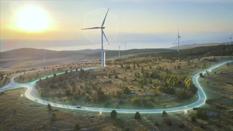 Wind turbines generating power and animation of sending electrical energy 스톡 동영상 163397989