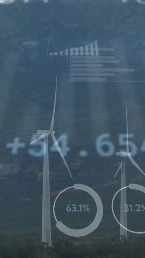 Wind turbines generating power with data visualization animation over Stock Footage 320150551