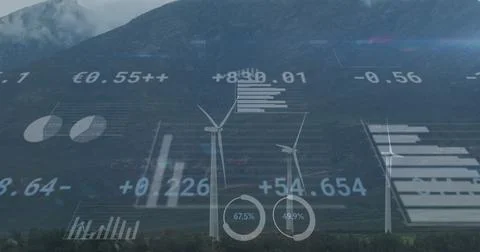 Wind turbines generating power with data visualization image over mountainous Ilustração Stock
