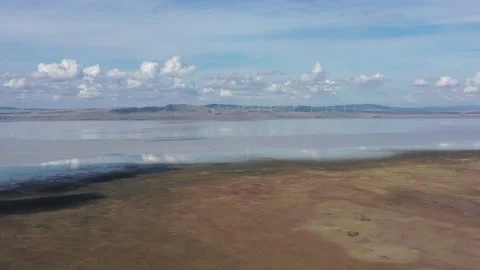 Wind turbines generating renewable energy on lake george in NSW – 4k. Stock Footage 153636407