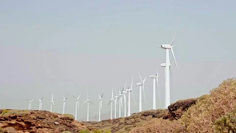 Wind Turbines Generating Renewable Energy in Tenerife, Canary Islands Stock Footage 340767574
