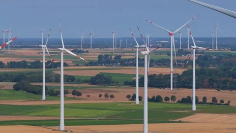 Wind turbines generating renewable energy in german countryside Stock Footage 342810696