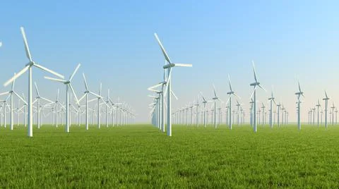 Wind turbines on the green field Stock Illustration