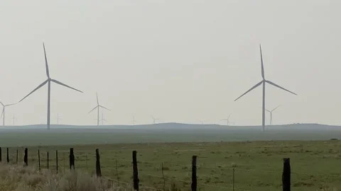Wind Turbines in Hazy Landscape Stock Footage 138946517