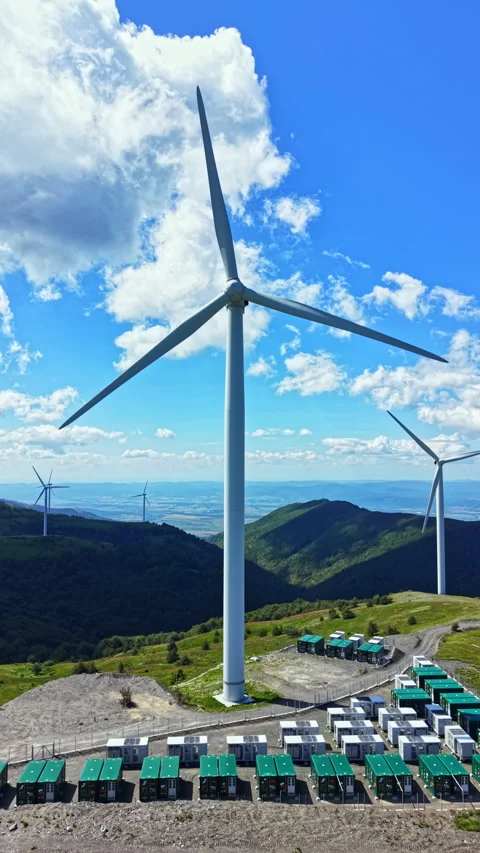 Wind turbines on a hill with storage units and clear blue sky in the background Stock Footage 341127641