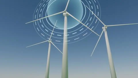 Wind turbines with holographic data ring, smart renewable energy concept Illustrazione stock