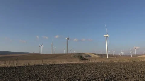 Wind turbines in meadows Stock Footage 20543189