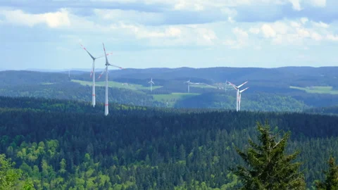 Wind turbines on the mountain in the low clouds and fog Stock Footage 278128109