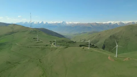 Wind turbines on the mountain. Renewable energy. Pushkin Pass, Armenia. Video stock 254444980