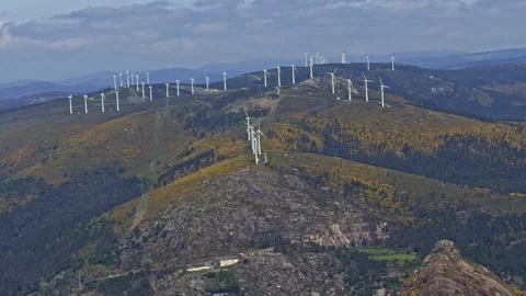 Wind turbines on mountain ridge Stockbeeldmateriaal 338293803